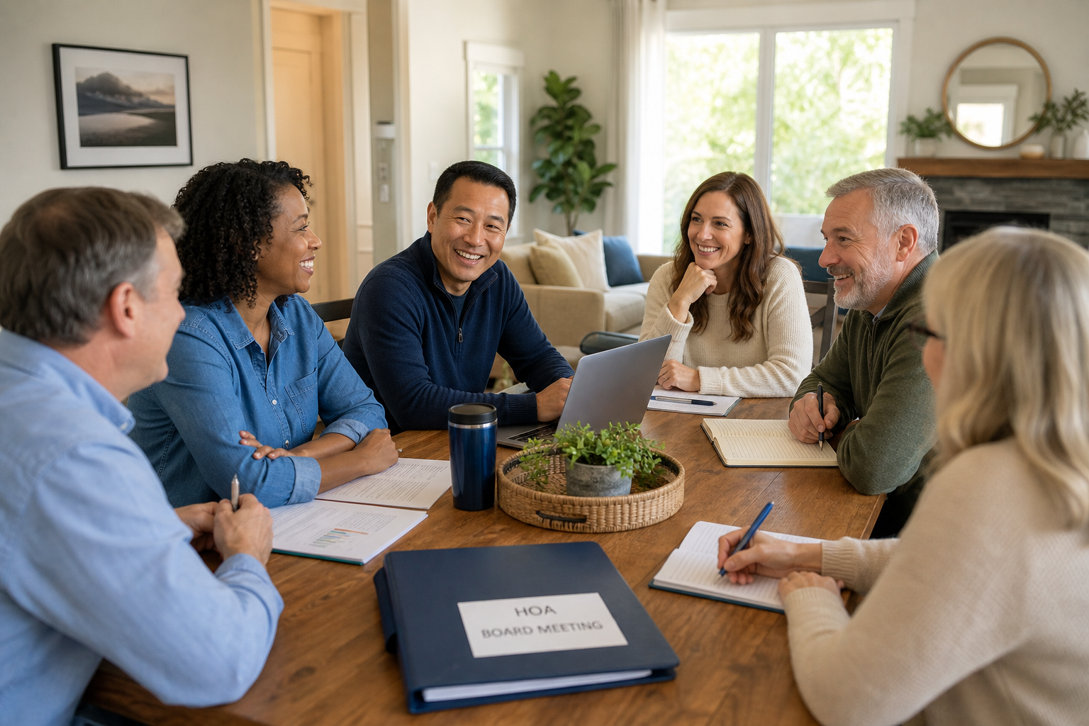 A friendly group of volunteer HOA board members meeting around a table with a laptop and documents